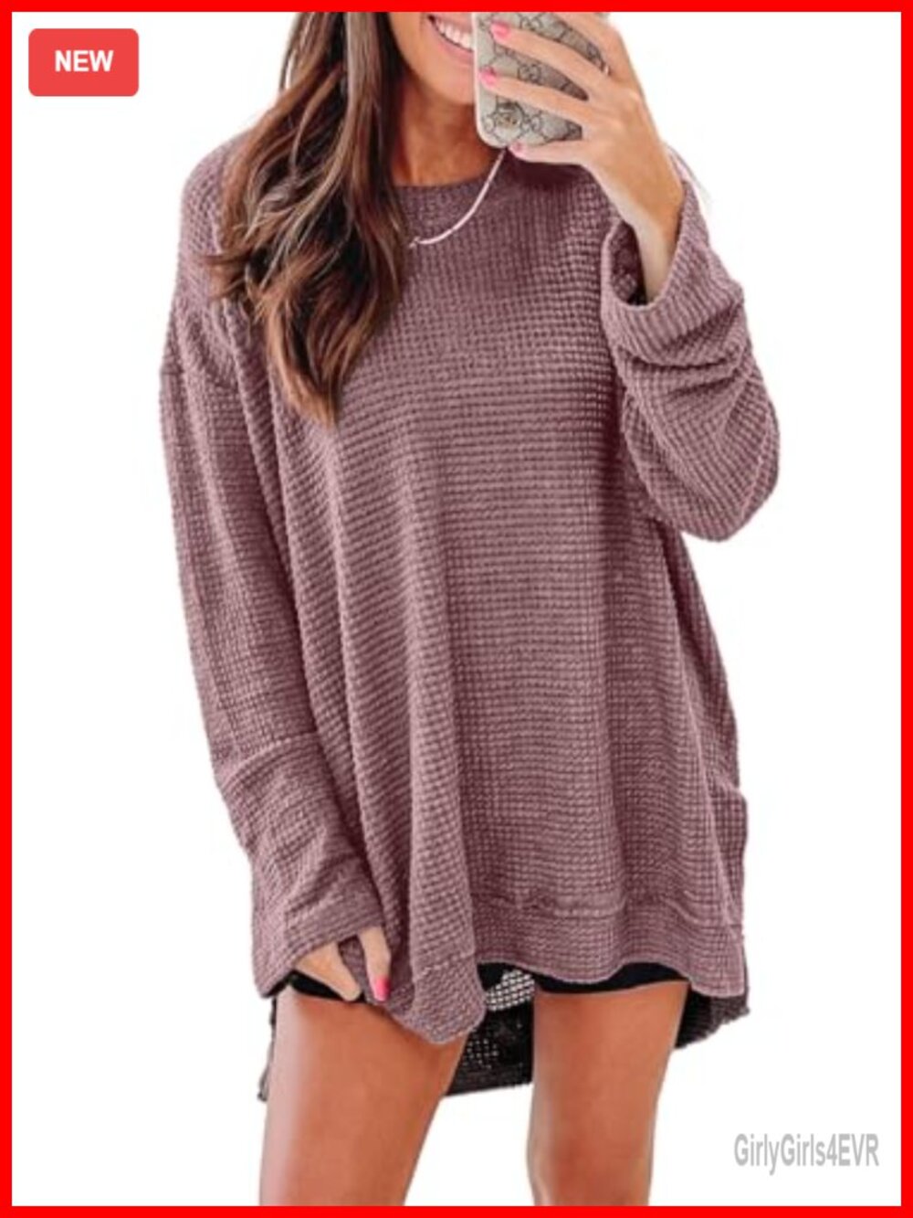 Oversized Waffle Knit Sweatshirt Crewneck Long Sleeve Tunic Top